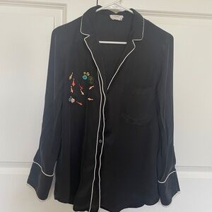 Black silk button down shirt with hand embroidered koi pond details